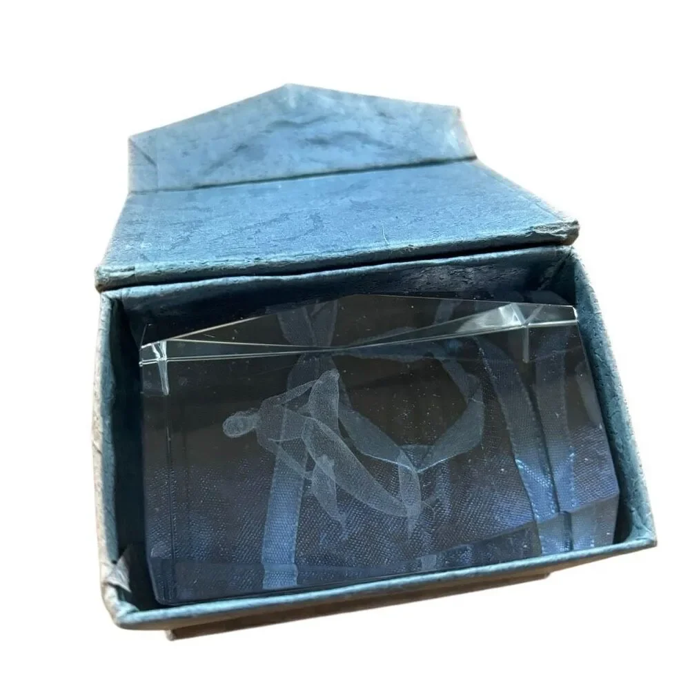 Vintage 3D Laser Etched Crystal Glass Paperweight Mermaid Dolphins with Box